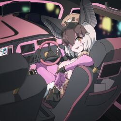 1girl animal_ears bat_ears bat_girl brown_eyes brown_hair brown_long-eared_bat_(kemono_friends) elbow_gloves extra_ears fingerless_gloves gloves grey_hair hair_over_one_eye hat highres kemono_friends kemono_friends_v_project leotard long_hair looking_at_viewer looking_back lowlandgorilla pantyhose skirt solo taxi virtual_youtuber