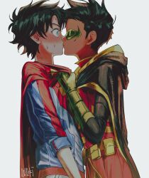 2boys absurdres artist_name black_hair blush cape kodomo_doushi commentary damian_wayne dark-skinned_male dark_skin dc_comics domino_mask english_commentary gloves green_gloves highres interracial iwakki jonathan_kent kiss male_focus mask multiple_boys red_cape robin_(dc) shota super_sons superboy surprise_kiss surprised sweat upper_body white_background wide-eyed yaoi