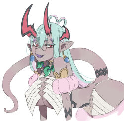 armband blue_hair breasts colored_skin curvy demon demon_girl earrings fangs fate/grand_order fate_(series) grey_skin highres ibuki_douji_(fate) jewelry kaigan0211 large_breasts long_hair magatama monster_girl oni pointy_ears red_eyes revealing_clothes snake_tail tail teasing wide_hips