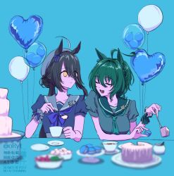2girls agnes_tachyon_(umamusume) animal_ears balloon black_hair blue_bow blue_bowtie blue_neckerchief bow bowl bowtie breasts brown_hair cake closed_eyes closed_mouth cup eyes_visible_through_hair food fork hair_between_eyes heart_balloon high_heels highres holding holding_fork horse_ears large_breasts long_bangs long_hair long_hair_between_eyes looking_at_another manhattan_cafe_(umamusume) medium_hair multiple_girls neckerchief open_mouth oryt red_sailor_collar sailor_collar short_sleeves small_breasts table twitter_username umamusume very_long_hair watermark yellow_eyes