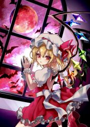 Rule 34 | 1girl, against window, bat (animal), blonde hair, crystal wings, dress, expressionless, flandre scarlet, frills, hair between eyes, highres, looking at viewer, looking to the side, momohana 3939, moon, red dress, red eyes, red moon, red shoes, ribbon, shoes, short sleeves, side ponytail, solo, touhou, vampire, window, wrist cuffs