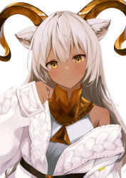 1girl animal_ear_fluff animal_ears aratake arknights bare_shoulders beeswax_(arknights) beeswax_(weisser_sand)_(arknights) blush closed_mouth coat dark-skinned_female dark_skin dress female_focus goat goat_ears goat_horns horns long_hair long_sleeves looking_at_viewer off_shoulder official_alternate_costume open_clothes open_coat silver_hair sleeves_past_wrists smile solo upper_body white_coat white_dress yellow_eyes