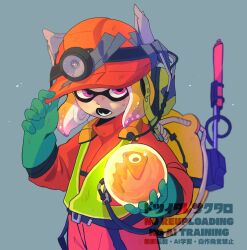 1boy 39_uxue blonde_hair commentary_request gloves golden_egg_(splatoon) green_gloves grey_background highres inkling inkling_boy inkling_player_character lifebuoy looking_at_viewer male_focus medium_hair mining_helmet nintendo open_mouth pink_eyes rubber_gloves salmon_run_(splatoon) solo splatoon_(series) splatoon_3 standing sweat swim_ring tentacle_hair watermark