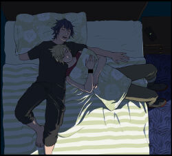 Rule 34 | 2boys, barefoot, bed, bed sheet, black hair, blanket, blonde hair, closed eyes, final fantasy, final fantasy xv, head on another&#039;s chest, head on pillow, highres, hugging object, indoors, kaciart, male focus, multiple boys, noctis lucis caelum, on bed, open mouth, pants, pillow, pillow hug, prompto argentum, shirt, short hair, sleeping, yaoi