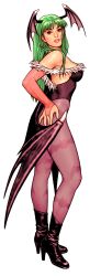1girl absurdres adjusting_hair animal_print aqua_hair armpits arms_up bare_shoulders bat_print bat_wings breasts bridal_gauntlets capcom capcom_vs_snk_2 cleavage darkstalkers demon_girl facing_to_the_side fur-trimmed_leotard fur_trim game_cg green_eyes green_hair hand_on_own_ass head_wings heart highleg highleg_leotard highres large_breasts leotard lips long_hair looking_back mori_toshiaki morrigan_aensland non-web_source off-shoulder_leotard official_art pantyhose parted_lips print_pantyhose purple_pantyhose purple_wings simple_background solo standing teeth upper_teeth_only wings