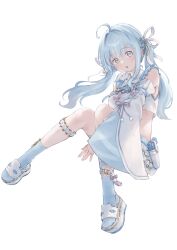 1girl :o absurdres ahoge amaui amaui_(2nd_costume) blue_eyes blue_hair blue_socks blush commentary_request crop_top detached_sleeves full_body hair_ribbon highres long_hair looking_at_viewer minami_susi nanashi_inc. okobo open_mouth pink_ribbon platform_sandals ribbon sandals shirt simple_background skirt sleeve_ribbon sleeveless sleeveless_shirt socks solo transparent_background twintails virtual_youtuber white_ribbon white_sandals white_shirt white_skirt white_sleeves