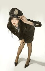 Rule 34 | 1girl, 2024, asian, black hair, black shoes, blue eyes, closed mouth, hand on own knee, high heels, highres, looking at viewer, original, pantyhose, police, police uniform, shoes, solo, standing, white nails, whoisluvme