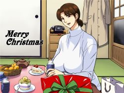 00s 1girl bag breasts brown_hair cake cirima female_focus food fruit gift hair_bun hikaru_no_go indoors kotatsu large_breasts looking_at_viewer mandarin_orange mature_female merry_christmas mitsuko_sanrakugaki phone shindou_mitsuko short_hair single_hair_bun solo table tatami volvox