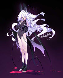1girl alternate_costume animal_ear_fluff animal_ears animal_nose artist_name black_leotard black_wings blood blood_on_face blue_archive breasts closed_mouth covered_navel demon_girl demon_wings fingernails full_body furrification furry halo highres hina_(blue_archive) jpeg_artifacts leotard long_fingernails long_hair long_toenails low_wings purple_eyes purple_halo purple_nails signature small_breasts solo standing sydus toenails toes white_hair wings