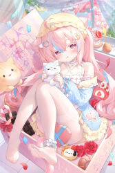 1girl :q absurdres ahoge animal_ear_fluff animal_ears ankle_garter armpit_crease blue_hair blue_jacket box camisole candy candy_cane cat_ears cat_girl cat_hair_ornament cat_tail chocolate chocolate_bar choker closed_mouth donut feet flat_chest food full_body hair_ornament hat heart heart-shaped_box heart-shaped_pupils highres holding holding_stuffed_toy in_box in_container jacket kuroida long_hair long_sleeves looking_at_viewer mob_cap multicolored_hair no_shoes open_clothes open_jacket original pantyhose pink_eyes pink_hair sitting solo streaked_hair stuffed_animal stuffed_cat stuffed_toy symbol-shaped_pupils tail thighband_pantyhose toes tongue tongue_out twintails two-tone_hair very_long_hair watermark white_camisole white_choker white_pantyhose yellow_hat