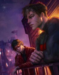 arsenal_(dc) baseball_cap bat_signal batman_(series) batman_symbol black_bodysuit black_hair blue_eyes bodysuit dc_comics glasses grey_bodysuit hat highres jacket jason_todd male_focus multicolored_hair muscular muscular_male red_hood_(dc) red_hood_and_the_outlaws roy_harper shirt short_hair superhero_costume taut_bodysuit two-tone_bodysuit two-tone_hair vh1_zan western_comics_(style) white_hair