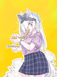 1girl alternate_costume animal_ears black_headband blue_hair blue_skirt bracelet chopsticks cowboy_shot eating empty_food_container extra_ears food food_in_mouth food_on_face gyokuryu_(kemono_friends) hair_over_one_eye headband horse_ears horse_girl horse_tail jewelry kemono_friends long_hair multicolored_hair plaid_clothes plaid_skirt pleated_skirt purple_eyes purple_shirt school_uniform shirt short_sleeves sidelocks skirt slit_pupils solo sweatdrop t-shirt tail toki_reatle white_hair yakisoba yellow_background