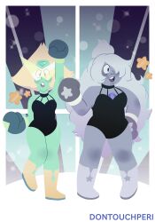 2girls absurdres amethyst_(steven_universe) artist_name athletic_leotard bee_and_puppycat boxing_gloves commentary cosplay dontouchperi english_commentary hand_on_own_hip highres leotard long_hair multiple_girls peridot_(steven_universe) steven_universe toast_(bee_and_puppycat) toast_(bee_and_puppycat)_(cosplay) very_long_hair
