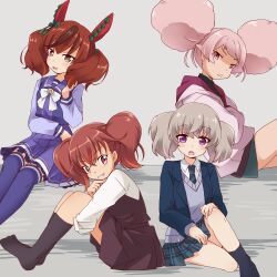 4girls animal_ears asticassia_school_uniform blazer bow bowtie brown_eyes brown_hair chuatury_panlunch commentary crossed_arms crossover edomae_elf grey_hair grin gundam gundam_suisei_no_majo hairstyle_connection highres horse_ears horse_girl hugging_own_legs jacket knees_up long_sleeves looking_at_viewer multiple_crossover multiple_girls necktie nice_nature_(umamusume) nora-toro open_clothes open_jacket open_mouth pink_eyes pink_hair plaid_clothes plaid_skirt pleated_skirt purple_eyes sailor_collar sakuraba_koma school_uniform serafuku shaded_face sitting skirt slow_loop smile socks sweater thighhighs tracen_school_uniform twintails umamusume yoshinaga_koi zettai_ryouiki