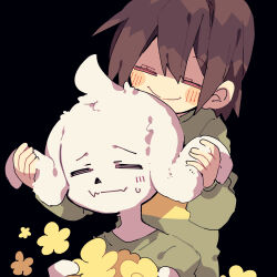 1boy 1other asriel_dreemurr black_background blush_stickers brown_hair chara_(undertale) closed_eyes flower goat_boy grabbing_another&#039;s_ear green_sweater hand_on_another&#039;s_ear highres nikorashi-ka shaded_face short_hair simple_background smile sweatdrop sweater undertale white_fur yellow_stripes