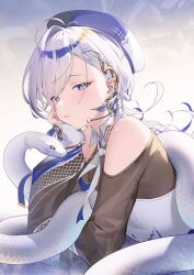 Rule 34 | 1girl, blue eyes, blue hat, blue streaks, clothing cutout, dodari, dress, hat, headset, hebi (vtuber), highres, indie virtual youtuber, light blush, long hair, looking at viewer, multicolored hair, parted bangs, ribbon, see-through clothes, see-through sleeves, shoulder cutout, slit pupils, snake, streaked hair, virtual youtuber, white dress, white hair, white ribbon, white snake