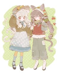 2girls animal_ears bow braid brown_hair cat_tail dress flower food food_print fruit hat highres holding long_hair long_sleeves mary_janes memuro multiple_girls original pants pink_eyes puffy_sleeves red_eyes ribbon shoes socks straw_hat tail twin_braids twitter_username watering_can white_hair