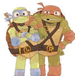 2boys arm_on_another&#039;s_shoulder bandana belt belt_buckle black_belt blue_footwear blue_mask blush brothers buckle closed_mouth colored_skin crossed_arms elbow_pads feet_out_of_frame green_skin hand_on_own_hip katana kokosimon leonardo_(tmnt) looking_ahead male_focus mask missing_tooth multiple_boys raphael_(tmnt) red_bandana red_footwear reptile_boy siblings simple_background smile sword sword_on_back teenage_mutant_ninja_turtles teeth turtle_boy uneven_eyes weapon weapon_on_back white_background wristband