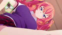 1boy 1girl agatsuma_makina akutsu_eita android animated anime_screenshot ass breasts brown_hair glasses gradient_hair highres kakushite!_makina-san!! large_breasts leg_up multicolored_hair orange_hair panties pink_hair purple_eyes purple_panties purple_vest red_hair red_skirt robot_girl school_uniform scrunchie shirt skirt smile sound spread_legs tagme thighs underwear vest video white_shirt wrist_scrunchie yellow_scrunchie