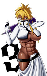 abs artist_request bleach blonde_hair breast_tattoo breasts colored_eyelashes cropped_jacket dark-skinned_female dark_skin espada green_eyes highres large_breasts medium_hair number_tattoo shiny_skin sidelocks simple_background sword tattoo tier_harribel toned toned_female underboob unzipping weapon white_background