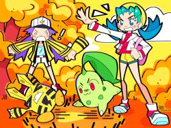 ! &gt;_&lt; 2girls :3 autumn baseball_cap bike_shorts blue_eyes blue_hair blue_shirt bourbunbun casey_(pokemon) chikorita creatures_(company) elekid full_body game_freak gen_2_pokemon hat highres jacket kris_(pokemon) leaf long_hair multiple_girls nintendo open_mouth outdoors pink_bag pokemon pokemon_(anime) pokemon_(classic_anime) pokemon_(creature) pokemon_gsc purple_hair red_eyes red_footwear red_shirt shirt shorts smile standing striped_clothes twintails white_hat white_jacket white_shorts yellow_hat yellow_jacket yellow_shorts