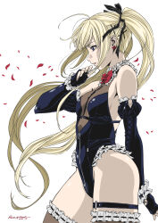 Rule 34 | 1girl, bare shoulders, black leotard, blonde hair, blue eyes, breasts, commentary request, cross hair ornament, dead or alive, dead or alive 5, elbow gloves, expressionless, fingerless gloves, frilled leotard, frilled thighhighs, frills, gloves, hair ornament, highleg, highleg leotard, hiragoma, leotard, long hair, marie rose, parted lips, petals, profile, small breasts, solo, thigh strap, thighhighs, twintails, very long hair