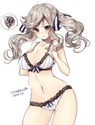 1girl 218 2018 blonde_hair bra breast_suppress breasts collarbone contrapposto cowboy_shot cucouroux_(granblue_fantasy) dated female_focus gluteal_fold granblue_fantasy hair_ribbon hands_on_own_chest lace lace-trimmed_bra lace-trimmed_panties lace_trim large_breasts long_hair navel panties pout purple_eyes ribbon shiny_skin simple_background solo speech_bubble standing twintails twitter_username underwear underwear_only wavy_hair white_background white_bra white_panties