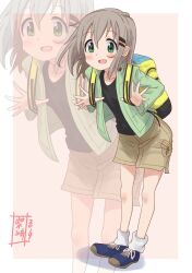 1girl 2019 backpack bag bare_legs barefoot bent_over black_shirt blush breasts brown_skirt collarbone dated green_eyes green_jacket grey_hair hair_ornament hairclip happy highres jacket knees kohshibasaki legs looking_at_viewer medium_hair miniskirt multicolored_shoes open_clothes open_hand open_jacket shirt shoes short_hair signature skirt small_breasts socks solo standing t-shirt white_socks yama_no_susume yukimura_aoi