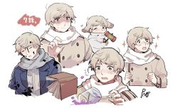 1boy ^^^ animal_ears axis_powers_hetalia blue_jacket blush book brown_coat buttons clenched_hands closed_eyes coat commentary_request cup dkdmis drinking_glass fingernails grey_hair grey_scarf grey_shirt hammer hand_up hands_up heart holding holding_hammer ink jacket juice kemonomimi_mode lapels long_sleeves looking_at_object looking_at_viewer looking_down looking_to_the_side male_focus multiple_views one_eye_closed open_book open_clothes open_jacket open_mouth purple_eyes rabbit_ears russia_(hetalia) scared scarf shaded_face shirt short_hair simple_background smile sparkle sweat toy_hammer white_background white_scarf