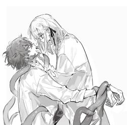 1boy 1girl earrings from_side greyscale hair_ribbon highres jewelry long_sleeves looking_at_another monochrome original qyzhiaiyisheng ribbon shirt short_hair sketch tentacles white_background white_hair