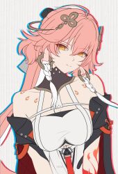 1girl bare_shoulders braid breasts changli_(wuthering_waves) cleavage closed_mouth dress hair_between_eyes hair_ornament highres jacket large_breasts looking_at_viewer non-web_source pink_hair smile solo tacet_mark_(wuthering_waves) wuthering_waves yellow_eyes yian