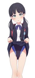 1girl absurdres backpack bag black_hair black_jacket black_one-piece_swimsuit blazer blue_bow blue_bowtie blue_one-piece_swimsuit blunt_bangs blush bow bowtie clothes_lift collared_shirt commentary_request competition_swimsuit crime_prevention_buzzer feet_out_of_frame green_eyes grey_skirt groin highres jacket looking_at_viewer low_twintails medium_hair na-suke one-piece_swimsuit open_clothes open_jacket open_mouth original plaid_clothes plaid_skirt red_bag school_uniform shirt simple_background skirt skirt_lift solo standing swimsuit swimsuit_under_clothes twintails two-tone_swimsuit white_background white_shirt