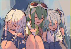 3girls absurdres ahoge aqua_hair bare_shoulders closed_eyes eyewear_on_head female_focus goggles goggles_on_head green_hair gumi hatsune_miku highres ia_(vocaloid) knees_up leaning leaning_on_person long_hair multiple_girls necktie open_mouth short_hair side-by-side sitting smile vocaloid white_hair