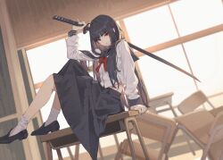 Rule 34 | 1girl, arm support, black sailor collar, black shoes, black skirt, blunt bangs, chair, chair tipping, classroom, clutter, cropped shirt, desk, dutch angle, gogomoldy, highres, holding, holding sword, holding weapon, indoors, katana, loafers, long hair, long sleeves, looking at viewer, neckerchief, on desk, original, pleated skirt, red eyes, red neckerchief, sailor collar, school chair, school desk, school uniform, serafuku, shirt, shoes, sitting, skirt, socks, solo, sword, v-shaped eyebrows, weapon, white shirt, white socks, window