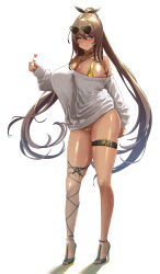 1girl absurdres bare_shoulders bikini blush breasts brown_hair choker cleavage closed_mouth dark-skinned_female dark_skin goddess_of_victory:_nikke gold_bikini grey_sweater high_heels highres hyotenka_ichido jewelry large_breasts long_hair looking_at_viewer necklace noir_(nikke) smile sweater swimsuit thighlet thighs very_long_hair