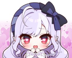 Rule 34 | 1girl, ahoge, blush, chibi, chibi only, commentary request, hair between eyes, hands up, heart, heart-shaped pupils, long hair, looking at viewer, open mouth, pink background, pointy ears, purple hair, red eyes, solo, symbol-shaped pupils, twitter username, upper body, vivian banshee, yukiyuki 441, zenless zone zero