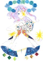 Rule 34 | 1girl, 922pochan, \||/, absurdres, aqua eyes, aqua flower, aqua rose, arm up, asymmetrical dress, blue dress, blue flower, blue rose, claw pose, commentary request, covering one eye, cropped legs, dress, extra arms, floral print dress, flower, grey eyes, halterneck, hand up, highres, long hair, masking tape (medium), mixed media, multicolored eyes, original, parted bangs, parted lips, pink hair, print dress, rose, short dress, sidelocks, single bare shoulder, solo, star (symbol), straight-on, traditional media, two-sided dress, two-sided fabric, two-tone eyes, unconventional media, white background, white dress, yellow corset