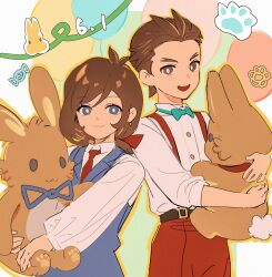 1boy 1girl ace_attorney apollo_justice apollo_justice:_ace_attorney aqua_bow aqua_bowtie balloon belt blue_eyes bow bowtie brown_belt brown_eyes brown_hair doodle_inset earrings forked_eyebrows haita1hao highres holding holding_stuffed_toy jewelry looking_at_viewer necktie outline pants red_necktie red_pants shirt smile stuffed_animal stuffed_rabbit stuffed_toy suspenders teeth trucy_wright upper_teeth_only white_shirt yellow_outline
