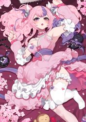1girl :o absurdres akagi_(sk0127aho) arm_up armpits asymmetrical_legwear bare_shoulders bell blush bow breasts bright_pupils choker commentary crossed_bangs demon_girl demon_horns dress english_commentary fang frilled_dress frilled_sleeves frilled_thigh_strap frills hair_bell hair_ornament head_wings heart heart_in_eye heart_print heterochromia highres holding horns ironmouse ironmouse_(cotton_candy) jewelry large_breasts long_hair looking_at_viewer lying mismatched_legwear multicolored_hair necklace official_alternate_costume official_alternate_hair_length official_alternate_hairstyle open_mouth pearl_necklace pink_bow pink_choker pink_dress pink_eyes pink_nails pink_petals pink_sleeves pink_thighhighs purple_eyes purple_hair skin_fang solo star_(symbol) star_in_eye symbol_in_eye thigh_strap thighhighs two-tone_dress two-tone_hair virtual_youtuber vshojo white_dress white_horns white_pupils white_thighhighs wings
