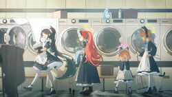 4girls absurdres animal_ear_headphones animal_ears apron aris_(blue_archive) aris_(maid)_(blue_archive) basket black_dress black_hair black_shoes blonde_hair blue_archive blue_eyes blue_ribbon blunt_bangs cat_ear_headphones chiyo_akira closed_eyes dress fake_animal_ears game_development_department_(blue_archive) green_eyes hair_ribbon hands_on_own_face headphones highres holding holding_basket holding_mop holding_unworn_clothes laundry long_hair long_sleeves maid maid_apron maid_headdress midori_(blue_archive) midori_(maid)_(blue_archive) momoi_(blue_archive) momoi_(maid)_(blue_archive) mop multiple_girls official_alternate_costume official_alternate_hairstyle pantyhose ponytail red_hair ribbon shoes short_sleeves short_twintails sidelocks sitting twintails washing_machine white_apron white_pantyhose yuzu_(blue_archive) yuzu_(maid)_(blue_archive)
