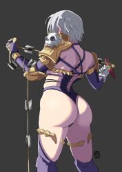 1girl armor artist_logo ass ass_focus automatic_giraffe bikini_armor boots detached_sleeves elbow_pads fingerless_gloves gloves grey_background highres holding holding_weapon holding_whip huge_ass isabella_valentine leotard logo open_clothes pauldrons purple_boots revealing_clothes short_hair shoulder_armor skull solo soul_calibur thigh_boots thigh_strap thong_leotard weapon whip whip_sword white_hair