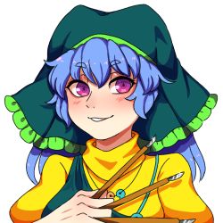 1girl apron blue_hair brush dress eyes_visible_through_hair green_apron green_headwear hair_between_eyes hanaarts hand_up haniyasushin_keiki medium_hair multicolored_eyes pink_eyes purple_eyes short_sleeves simple_background smile solo teeth touhou white_background yellow_dress yellow_sleeves