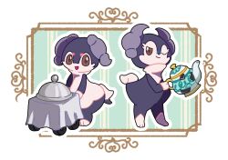 1boy 1girl :d animal_hands blue_fur brown_eyes full_body furry furry_female furry_male gen_8_pokemon goat_girl highres holding holding_teapot horns indeedee indeedee_(female) indeedee_(male) looking_at_viewer nintendo nose_poke000 one_eye_closed open_mouth pokemon pokemon_(creature) purple_horns simple_background smile standing teapot white_background white_fur