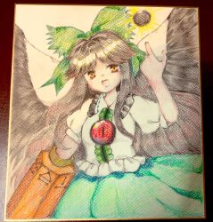 :d arm_cannon bird_wings black_hair black_sun black_wings bow cape center_frills commentary frills green_bow green_skirt hair_bow hair_flaps highres index_finger_raised long_hair looking_at_viewer mensoreimuremu open_mouth photo_(medium) red_eyes reiuji_utsuho shirt skirt smile sun third_eye touhou traditional_media weapon white_cape white_shirt wings