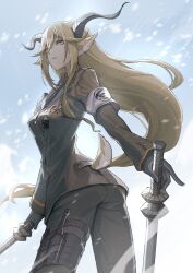 Rule 34 | 1girl, animal ears, arknights, armband, ass, black gloves, black necktie, black pants, blonde hair, brown jacket, commentary, curled horns, degenbrecher (arknights), gloves, grey horns, hair between eyes, highres, holding, holding sword, holding weapon, horns, jacket, kjerag logo, lapels, long hair, looking at viewer, medal, necktie, outdoors, pants, parted lips, sanshouuo, snowing, snowstorm, solo, sword, tail, thigh strap, very long hair, weapon, white armband, wind, yellow eyes