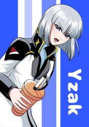 Rule 34 | 1boy, blue eyes, cup, drinking glass, drinking straw, gundam, gundam seed, gundam seed freedom, highres, holding, holding cup, long sleeves, mikami xsx, military, military uniform, open mouth, shirt, short hair, white hair, yzak joule, zaft uniform