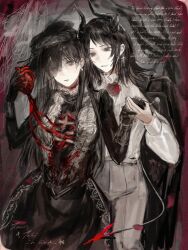 2girls bang_dream! bang_dream!_it&#039;s_mygo!!!!! black_coat black_dress black_gloves black_hair coat coat_on_shoulders cross cross_earrings dress earrings feiyu30903448 flower gloves heart heart_(organ) highres holding holding_hands holding_heart horns jewelry long_hair mole mole_under_eye multiple_girls open_mouth pants red_flower red_rose rose shiina_taki shirt veil white_pants white_shirt yahata_umiri