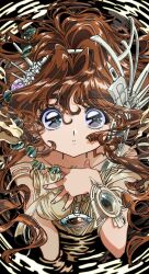 1990s_(style) 1girl broken broken_chain brown_eyes brown_hair chain eyelashes hair_between_eyes hair_ornament hand_on_own_chest head_wings headgear headpiece highres jewelry long_hair looking_at_viewer original portal_(object) reflection reflective_water retro_artstyle sparkling_eyes thick_eyebrows vortex wading_pool wings yo-co