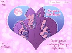 aiming aiming_at_viewer ape body_fur commentary dragon_ball english_commentary english_text finger_gun full_moon heart highres moon one_eye_closed oozaru pink_background pointy_ears red_eyes sharp_teeth smile solo sparkle teeth twitter_username whirlydoodle