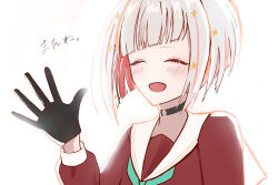 1girl ^_^ absurdres aqua_neckerchief black_choker black_gloves bob_cut brown_dress choker closed_eyes colored_inner_hair diagonal_bangs dress facing_viewer gloves hair_ornament half_gloves hasu_no_sora_school_uniform highres inverted_bob link!_like!_love_live! long_sleeves love_live! multicolored_hair myv_sk neckerchief o-ring o-ring_choker open_hand red_hair sailor_collar sailor_dress school_uniform short_hair simple_background star_(symbol) star_hair_ornament streaked_hair translation_request tsurime virtual_youtuber waving white_background white_hair white_sailor_collar winter_uniform yugiri_tsuzuri